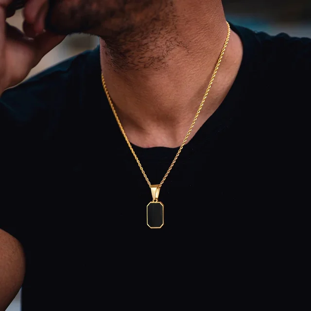 Stylish Gold Color Mens Geometric Square Necklaces,Black Enamel Rectangle Pendant with Rope Box Chain Collar Gift Jewelry 1