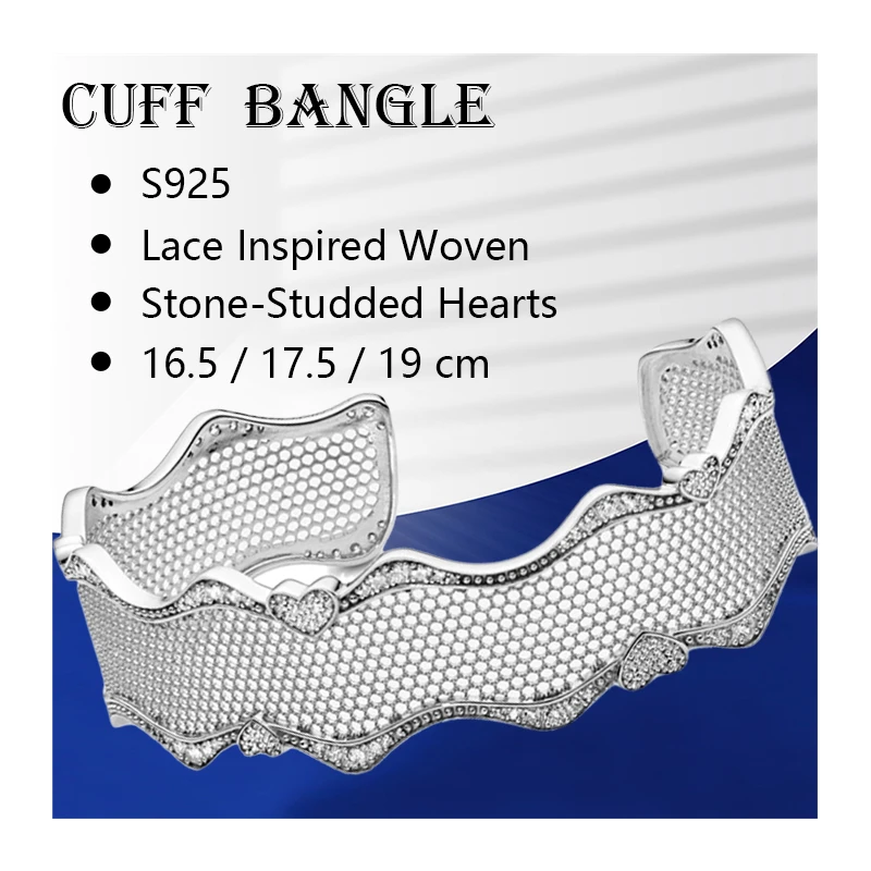 

Rigid Wrist Cuff Bracelets Bangles For Women Fine Jewelry 925 Sterling Silver Zircon Stones Woven Lace Stud Hearts 16 17.5 19cm