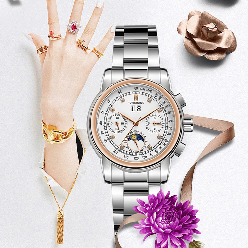 2024FORSINING Women Automatic Mechanical Fashion Luxury Wrist Watches Ladies Diamond Moon Phase Multifunctional Relogio Feminino 5