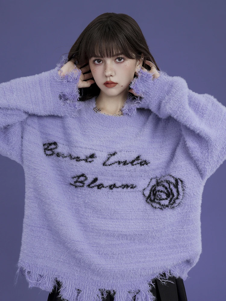 

Fragrant taro purple imitation mink fur tassels, sweet and cool loose sweater, spicy girl versatile, autumn and winter 2023