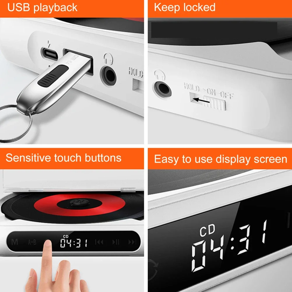 학생용 무선 휴대용 CD 플레이어, 블루투스 호환 5.1 음악 플레이어, CD, CD-R, CD-RW, MP3, WMA 오디오 포맷, 스테레오 스피커