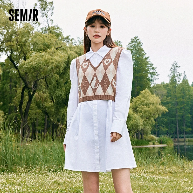 

Semir Women Dress Autumn New Solid Color Shirt Skirt Pattern Rhombus Vest Elegant Retro Style Fashionable Design Dress for Women