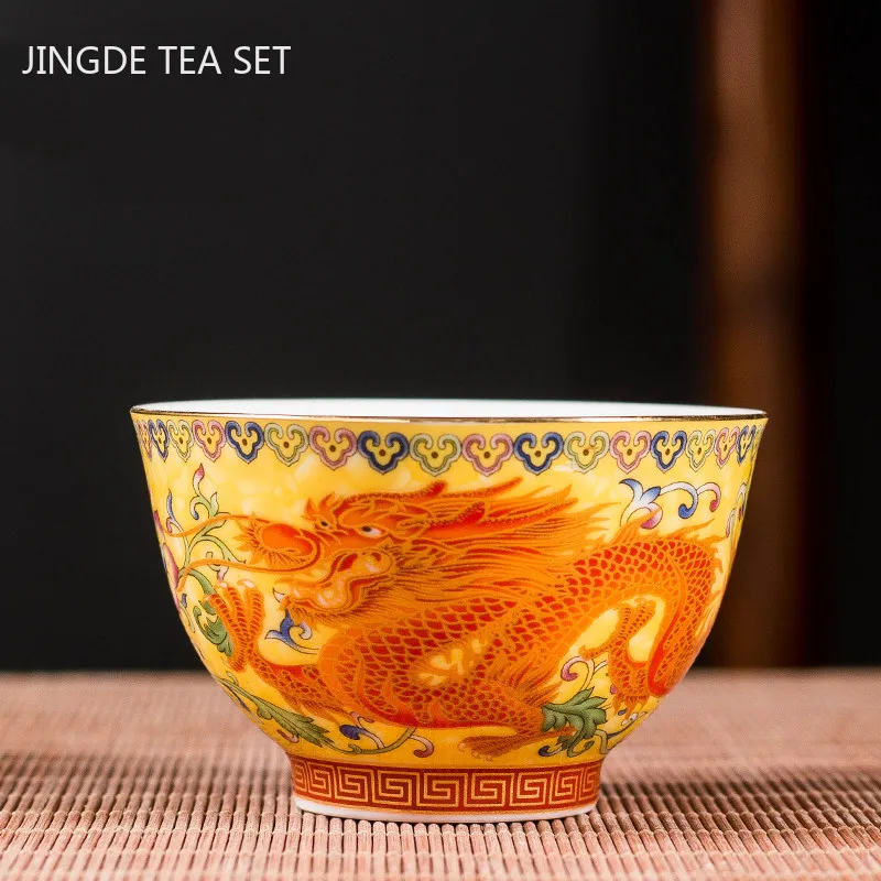 2Pcs High Quality Ceramic Teacup Enamel Color Dragon and Phoenix Pattern Tea Cup Boutique Individual Single Cup Tea Set Supplies