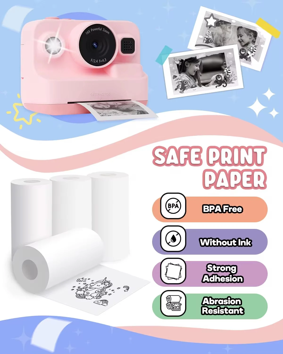 Mini Printing Paper Printing Camera Refill Thermal Paper 10 Rolls BPA Free Compatible With All 57mm Pocket Thermal Printer thermal paper,printer sticker paper,printing paper,instant camera refill paper,thermal paper roll