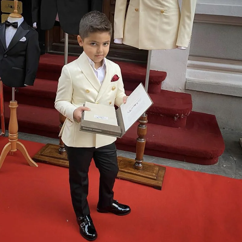 

New Arrival Elegant Ivory Jacket Black Pants Peak Lapel Boys Attire Costume Homme Boy Suits for Formal Kid Suit