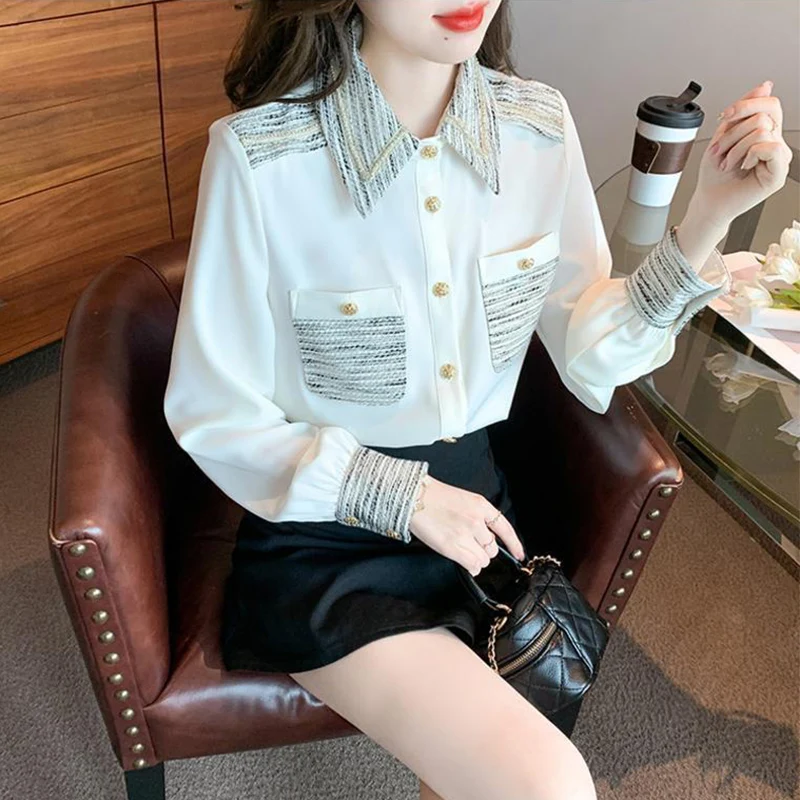 Spring Autumn Polo-neck Elegant Fashion Patchwork Shirt Ladies Long Sleeve Buttons All-match Blouse Women Casual Cardigans Top