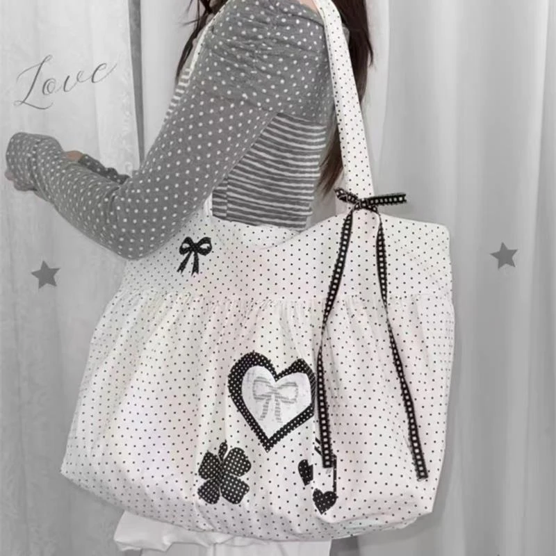 Borsa a Tracolla Coreana a Pois con Design a Fiocco e Cuore, Borsa da Donna alla Moda per il Lavoro, Borsa a Mano Retrò con Chiusura Magnetica a Contrasto