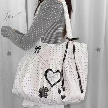 Borsa a Tracolla Coreana a Pois con Design a Fiocco e Cuore, Borsa da Donna alla Moda per il Lavoro, Borsa a Mano Retrò con Chiusura Magnetica a Contrasto