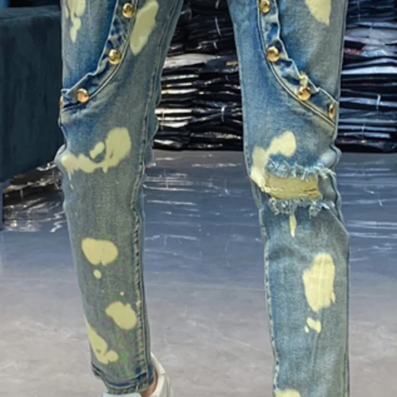 Men Hole Patchwork Jean Spring Slim Fit Men Blue Jeans Elastic Jeans For Men Motorcycle Pant Streetwear Print Ripped Jean Hombre