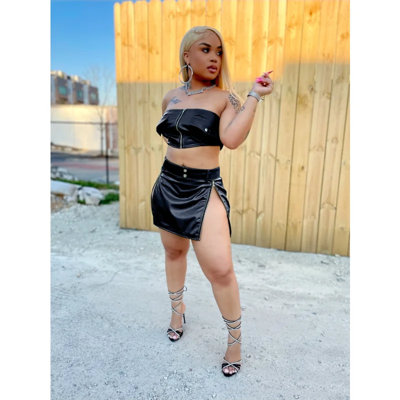 

Sexy PU Leather Zipper Crop Tube Top Split Belt Mini Skirt Women Two Pieces Set Y2k Streetwear Party Night Clubwear 2023 Summer