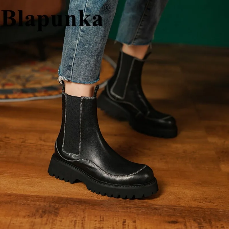 

Blapunka Women Genuine Leather Chelsea Boots White Sewing Chunky Heel Platform Round Toe Short Boots Retro Handmade Shoes Trendy