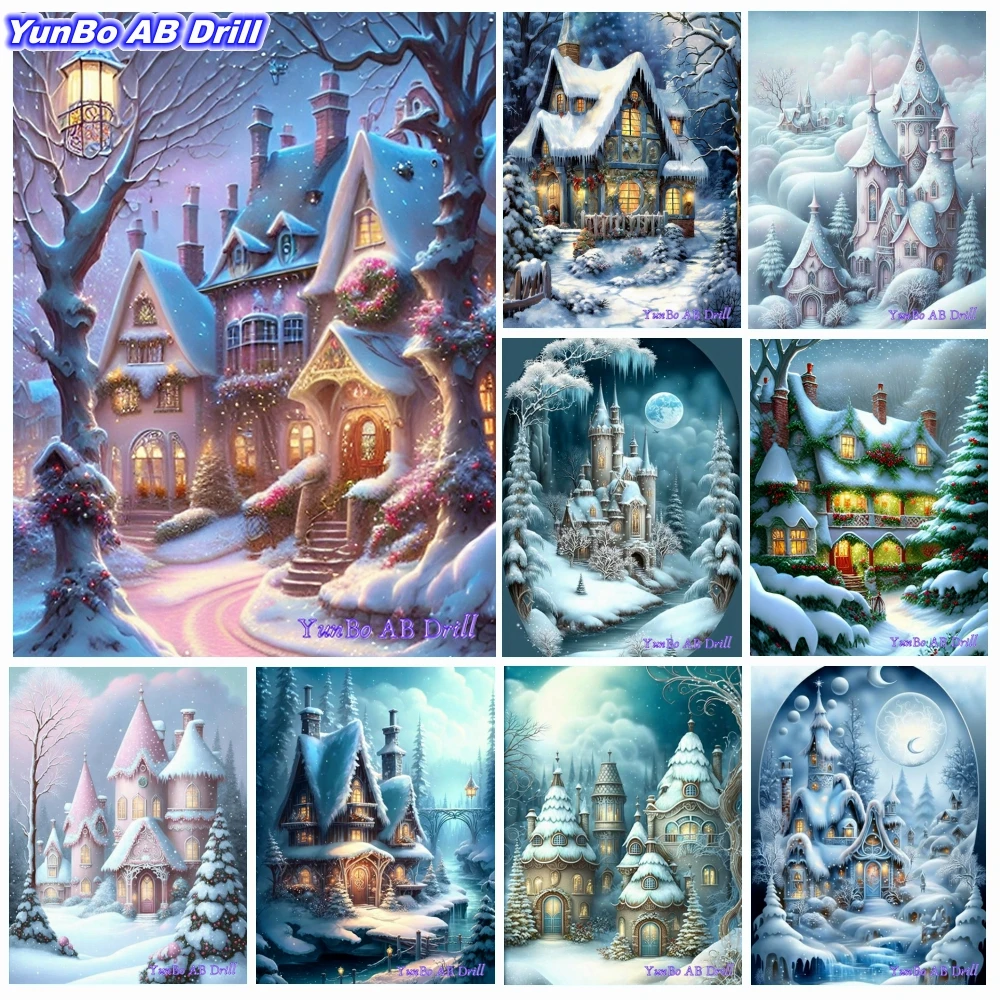 

Winter Christmas Snow Castle AB Drill Rhinestone 5D DIY Diamond Painting Mosaic Beautiful Landscape Art Cross Stitch Home Decor
