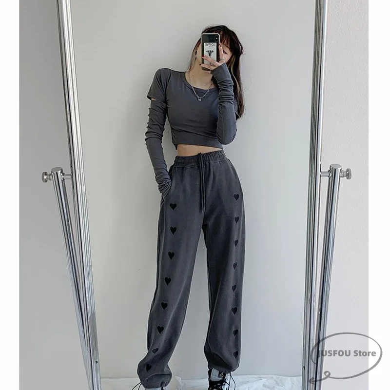 

Embroidered Heart Streetwear Femme Korean Sports Trousers High Waist Harajuku Trousers Wide Leg Sport Jogger Casual Sweatpants