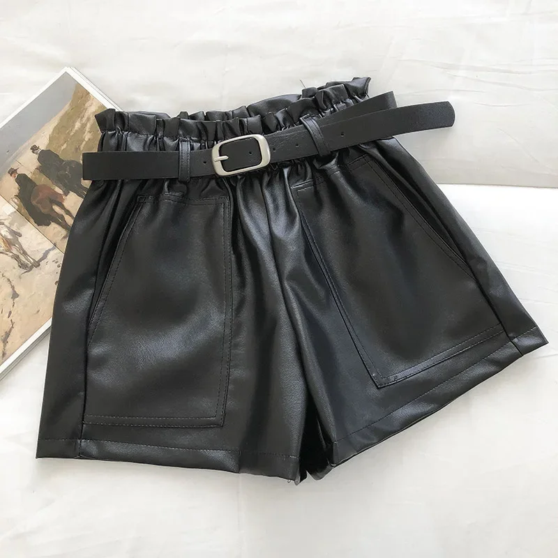 Autumn Winter Women PU Leather Shorts Wide Leg Solid Big Pockets Female Fashion High Waist Korean Casual Loose Leather Shorts