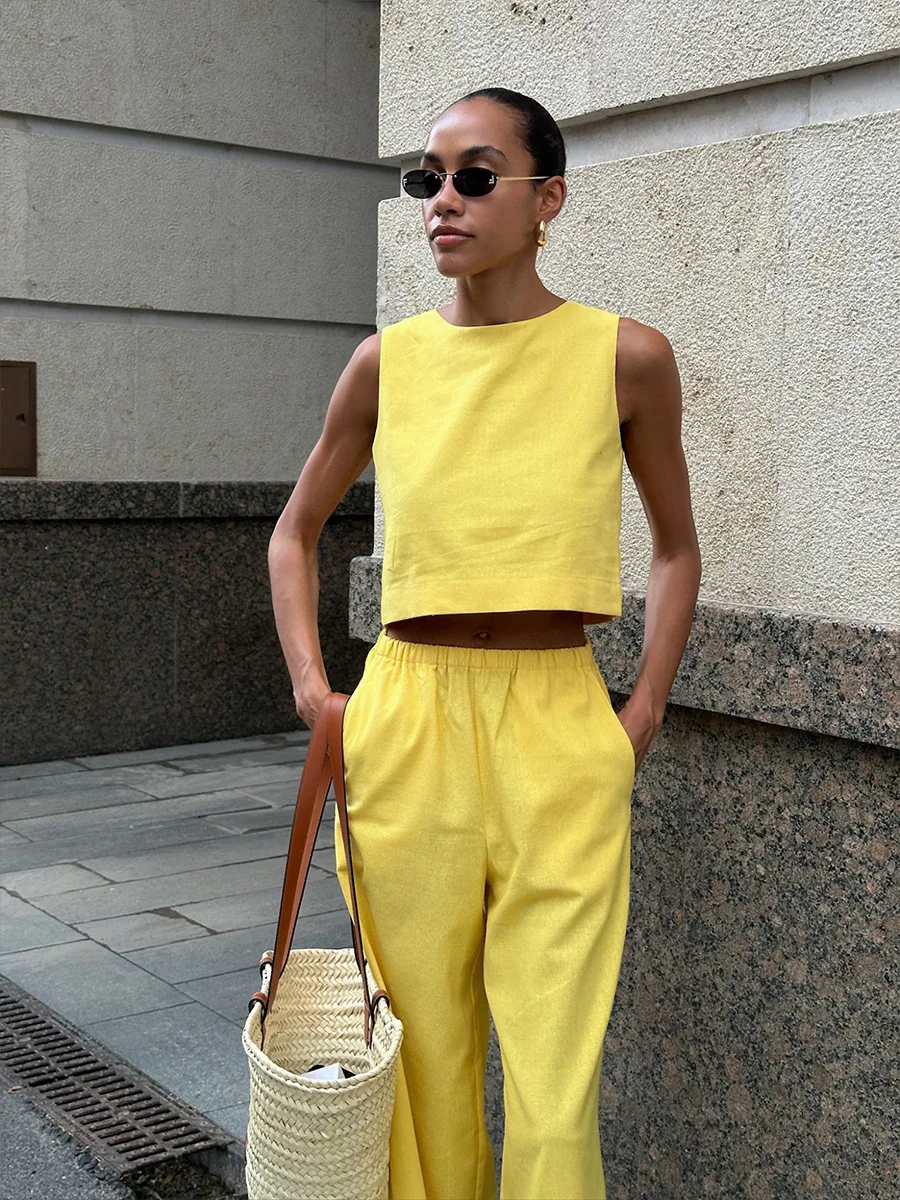 Summer Fashion 2 Piece-Set Women's Pants Sleeveless Cropped Vest Top And Wide Leg Trousers Sets Female Outfits Trousers