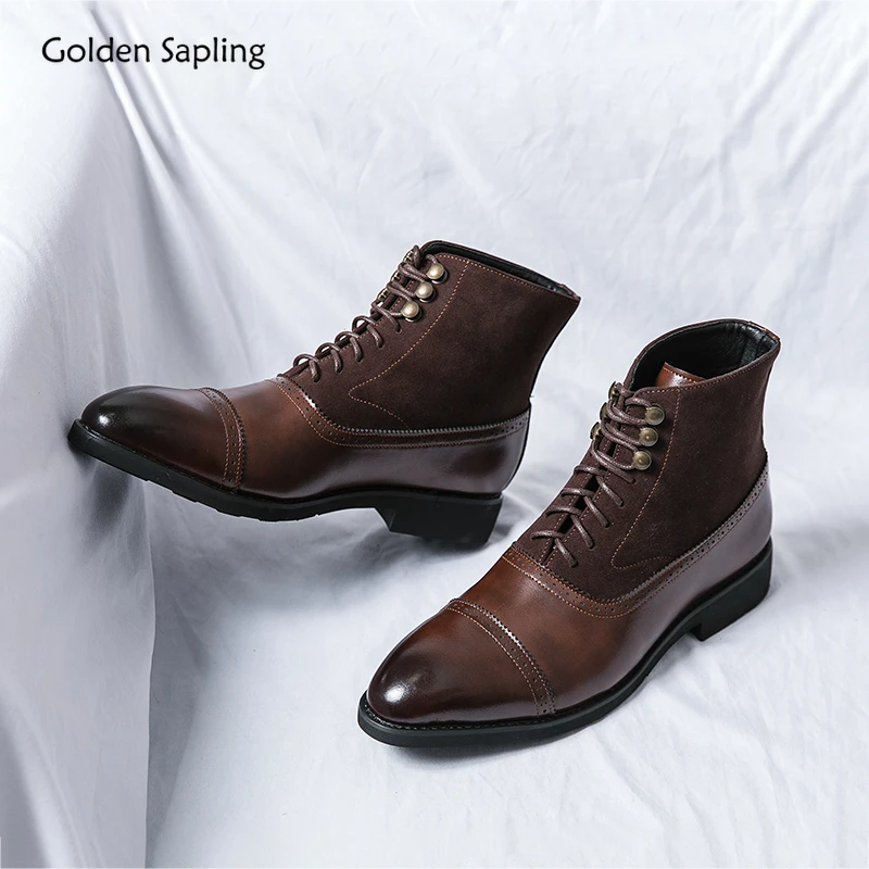 

Golden Sapling Dress Boots Men Fashion Leather Shoes Classics Platform Flats Leisure Men's Ankle Chelsea Boot Party Wedding Shoe