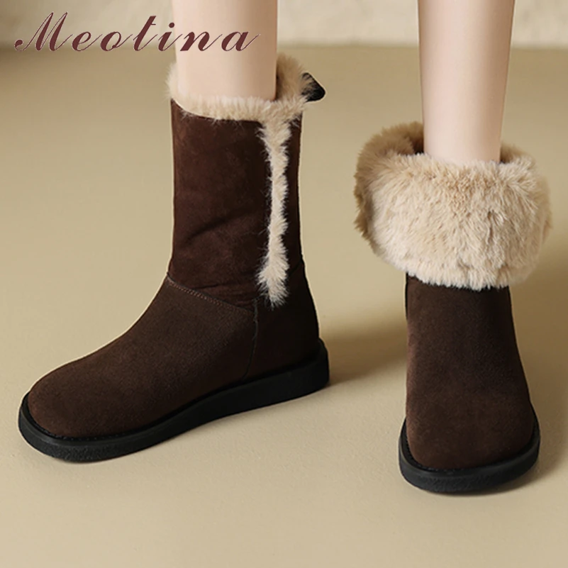 

Meotina Women Genuine Leather Ankle Short Boots Round Toe Flats Fur Snow Boots Ladies Fashion Casual Shoes Winter Brown Khaki