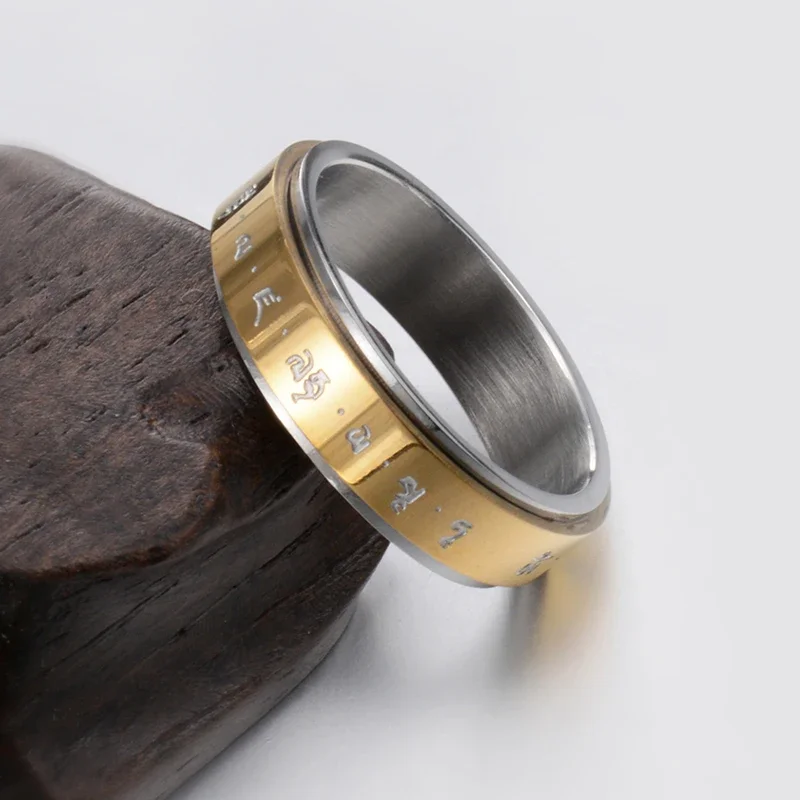 6mm Stainless Steel Rotatable Ring Buddhist Words Lucky Ring Vintage Religious Ring for Women and Men 5