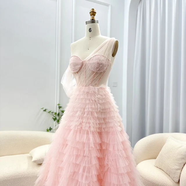 Luxury Dubai Ombre Pink Lilac Evening Dress for Women Wedding Elegant One Shoulder Long Ball Gown Prom Dresses SCZ081 4