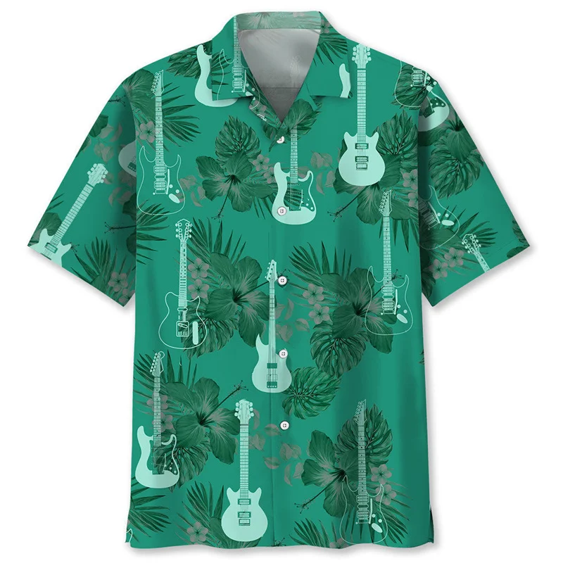 thumbnail image 1 of Camisa hawaiana con estampado 3D de guitarra colorida para hombre, blusa de verano de manga corta con estampado de instrumentos musicales y solapa con botones, 1 of 5