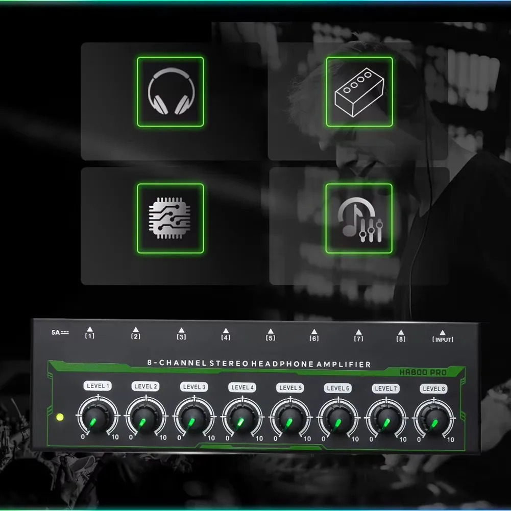 HA800 PRO Audio Amplifier 8 Channels Mini Stereo Headphone Amplifier for Studio Mixing Home KTV headphone with Power Adapter RGB