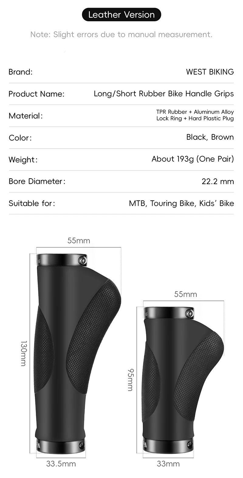 Description Picture 5 of itemWEST BIKING Bicycle Handlebar Asymmetric Grips 130mm Long & 95mm Short Twist Shifter Compatible for MTB BMX Folding Bikes Parts