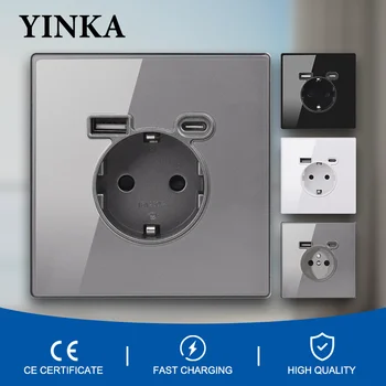 YINKA EU ซ็อกเก็ตมาตรฐานกระจกนิรภัย 16A Wall Power Outlet AC110V-250V Universal ซ็อกเก็ต USB Type-C ชาร์จโดย 5V 2100mA 1