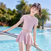 Two Pieces Girls Swimsuit Summer Beach Swimwear Skirt With Underwear Short Sleeve Kids Vacation Clothes For Girl Pink, Black 1