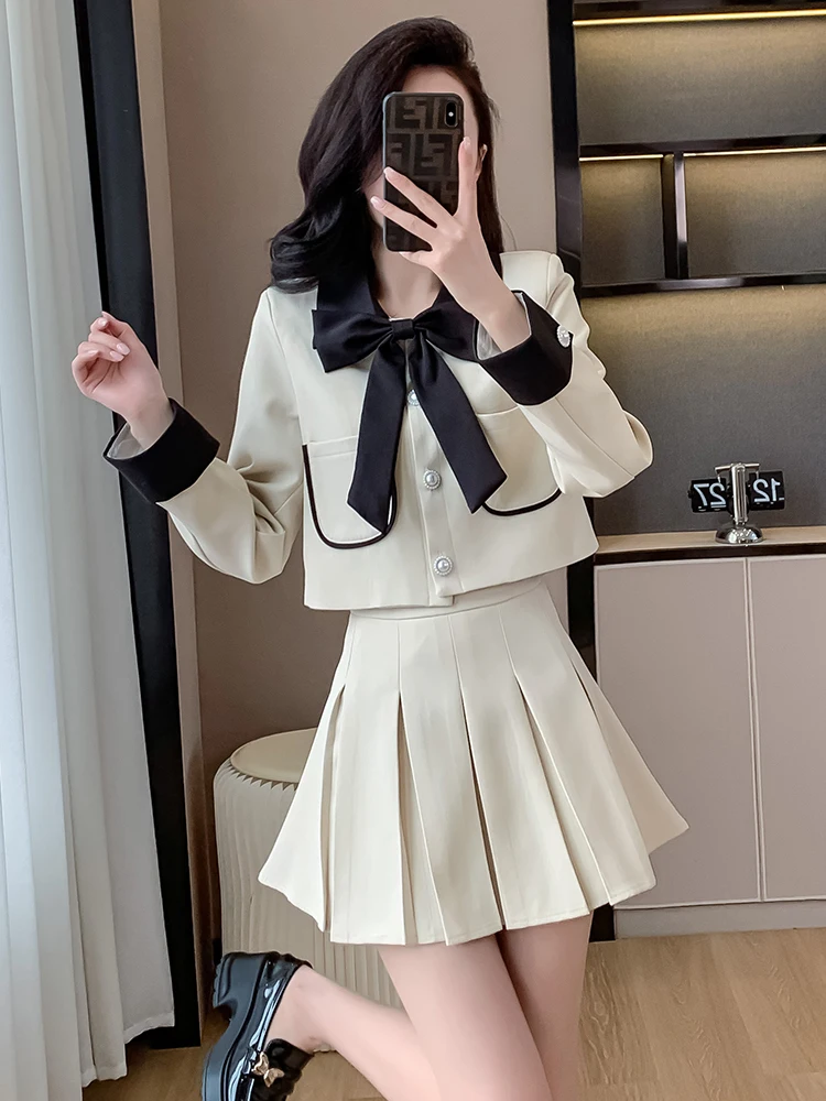 활 칼라 우아한 여성 세트 재킷 스커트 투피스 세트, 프렌치 스타일 용수철, 배색, 사교계 코트, 상의 스커트, 2024 신상