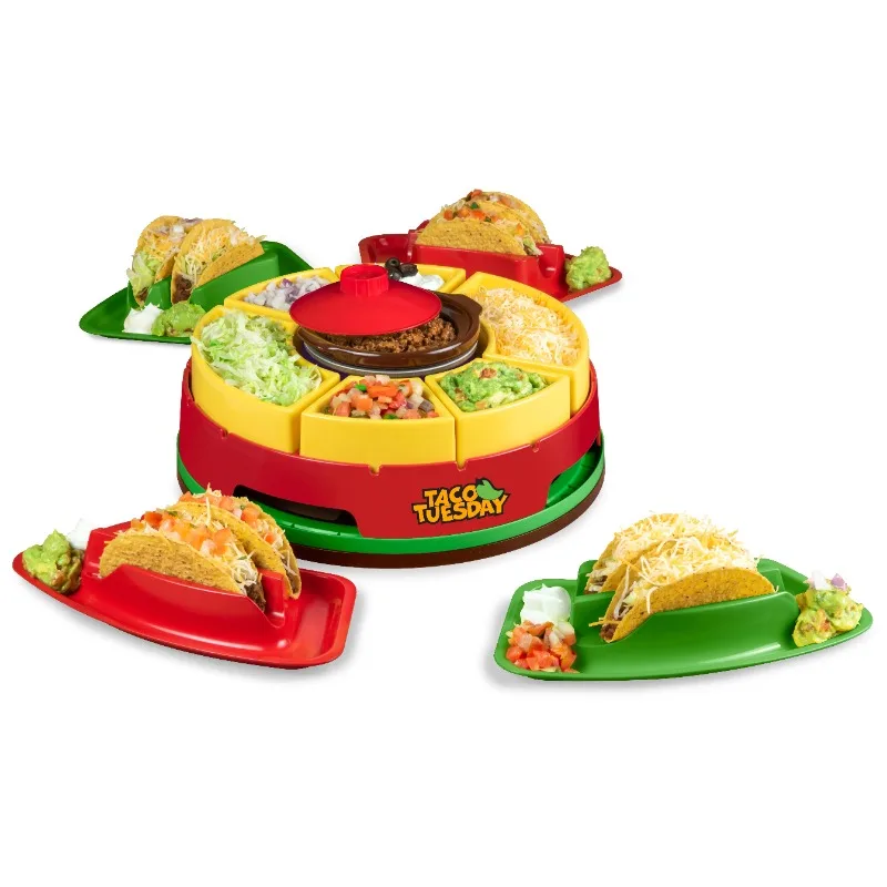 

Taco Tuesday TTLSTB10 Lazy Susan Taco Bar with 20-Oz. Warming Pot, Includes 4 Taco Holders