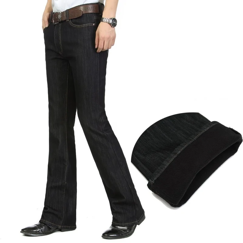 2023 New High Quality Men Winter Warm Fleece Boot Cut Jeans Business Casual Flare Pants Mid Waist Velvet Trousers 2