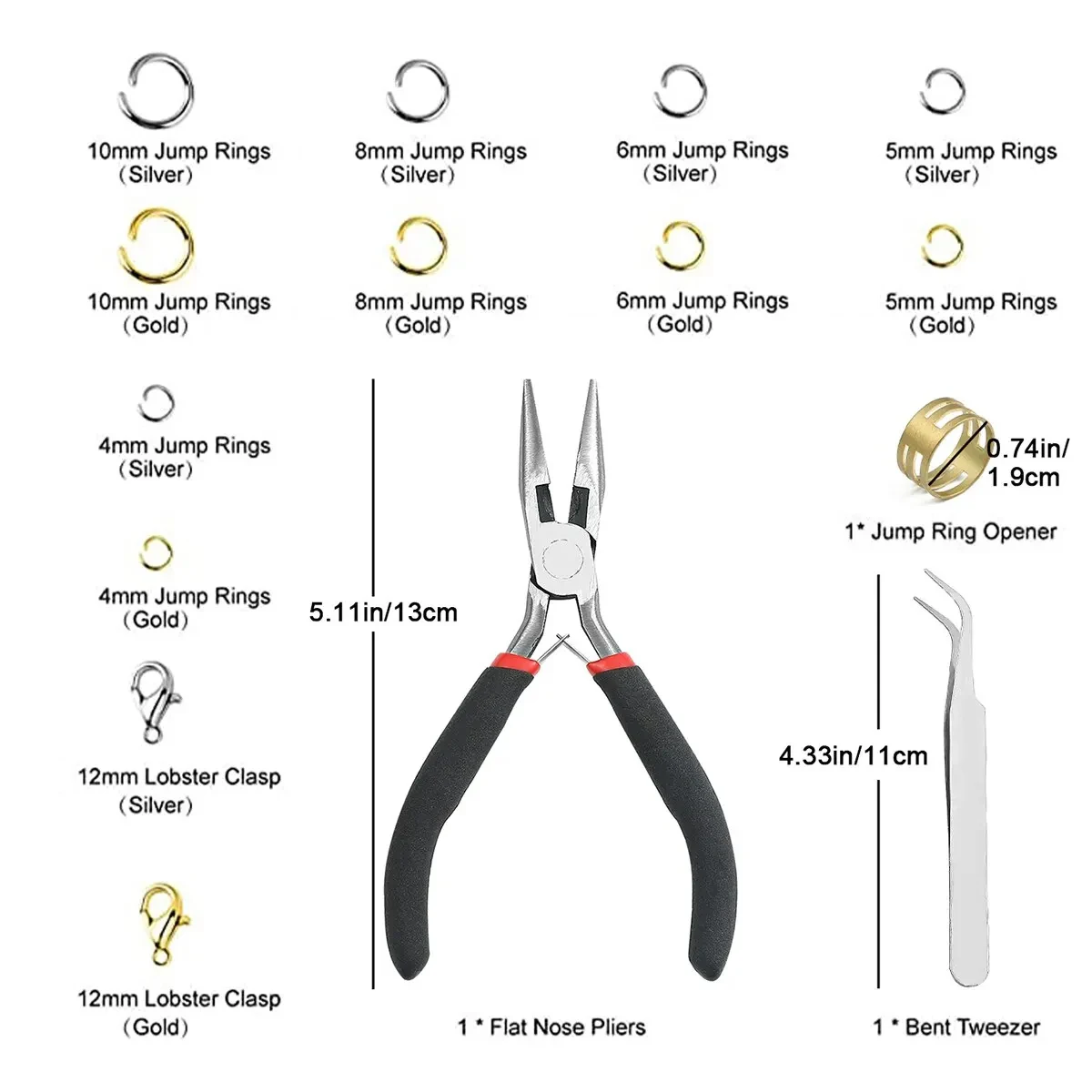 Gold and Silver Jewelry Accessory Kit with Jump Rings, Lobster Clasps, and Pliers
