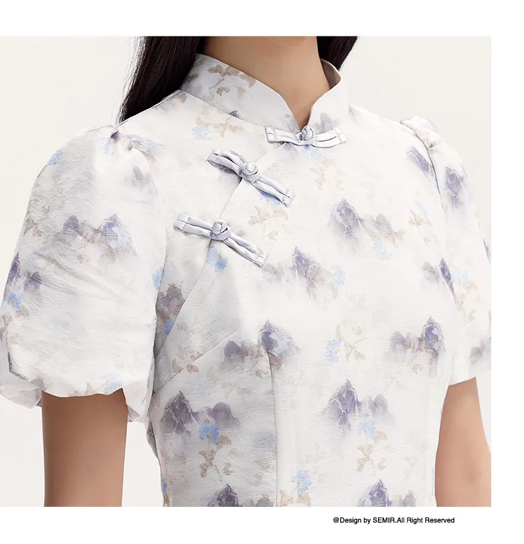 Vestido Cheongsam de verano con mangas abullonadas y estampado de pintura de tinta para mujer