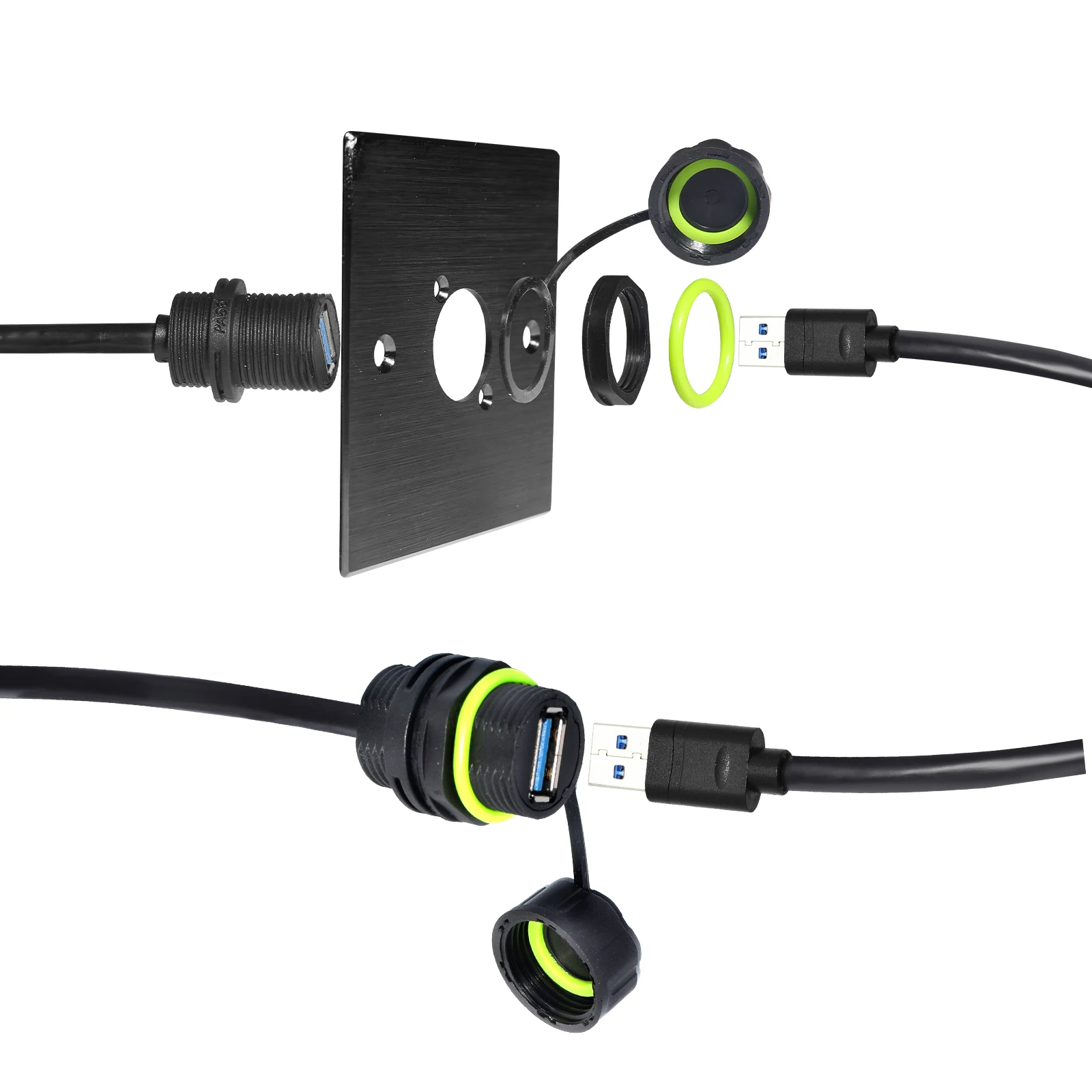 Outdoor IP68 Waterproof Type C USB 3.0 Panel Mount Extension Cable - Male to Female Connector
