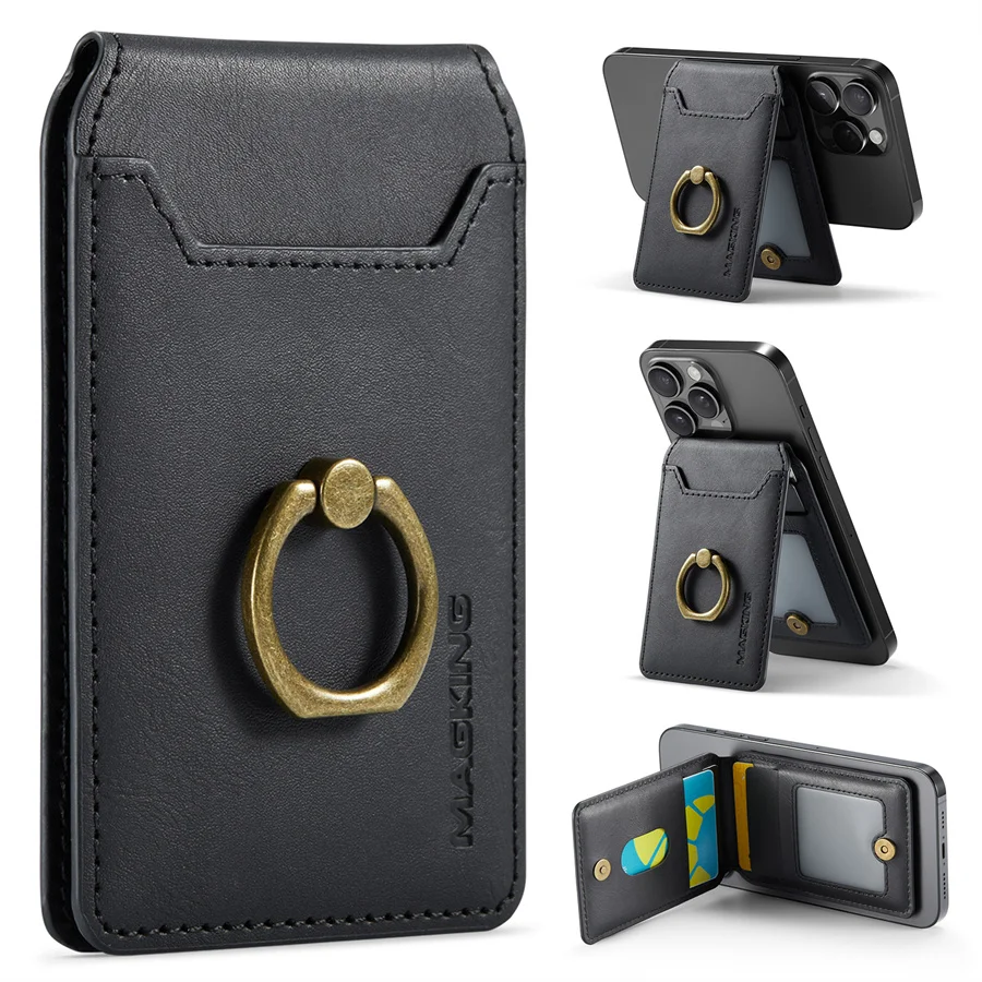 Luxury Leather MagSafe Card Holder with Finger Ring Grip and Kickstand Wallet