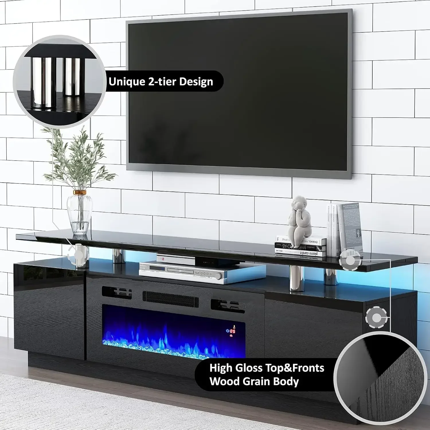 110" Large Fireplace TV Stand Set , Includes 70" 2-Tier Fireplace TV Stand, TV Console with LED Light for Living Room, Black 4