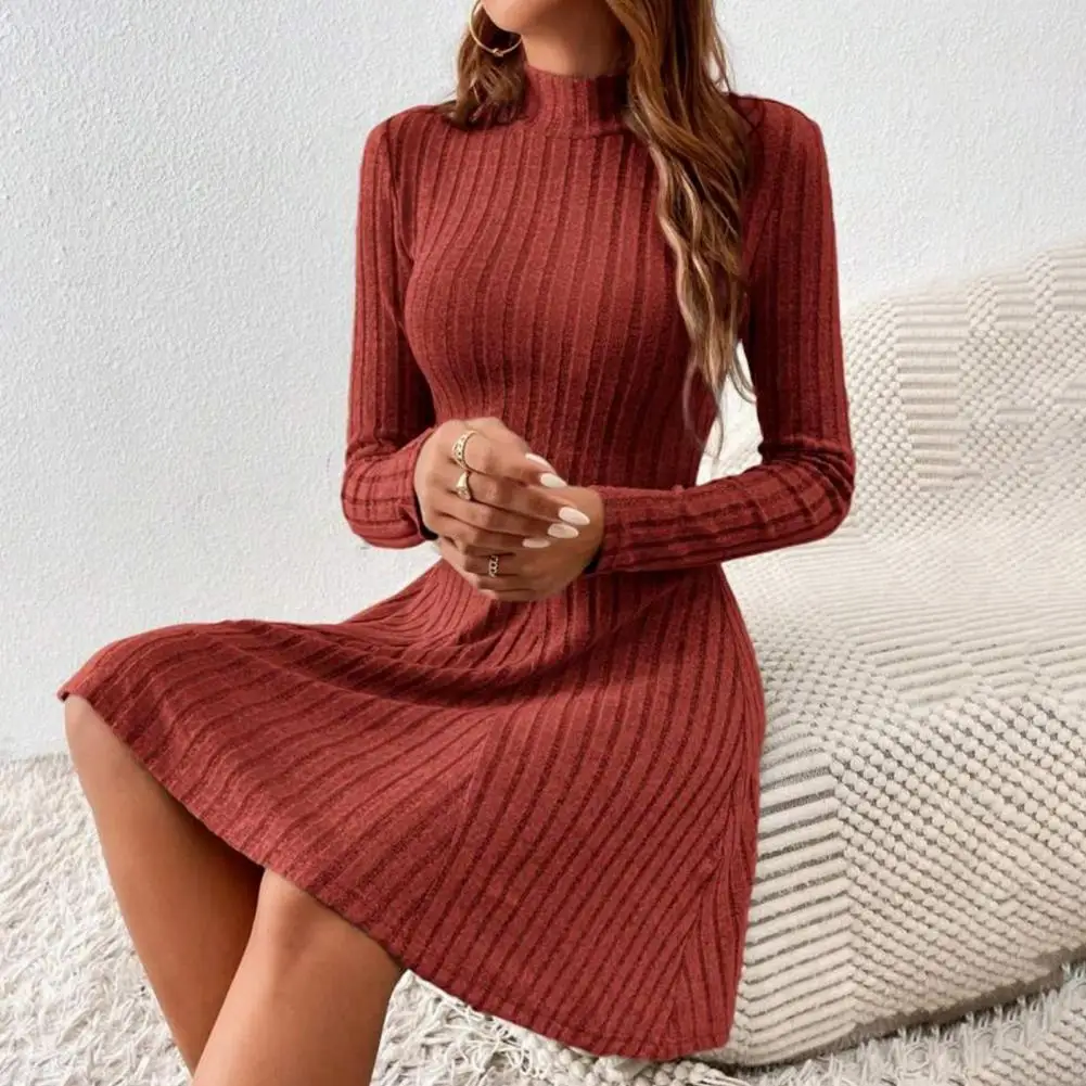 

Women Slim-fitting Dress Stylish Ribbed Knit Mini Dress for Women Half High Collar Long Sleeve Slim Fit Autumn Winter Sweater