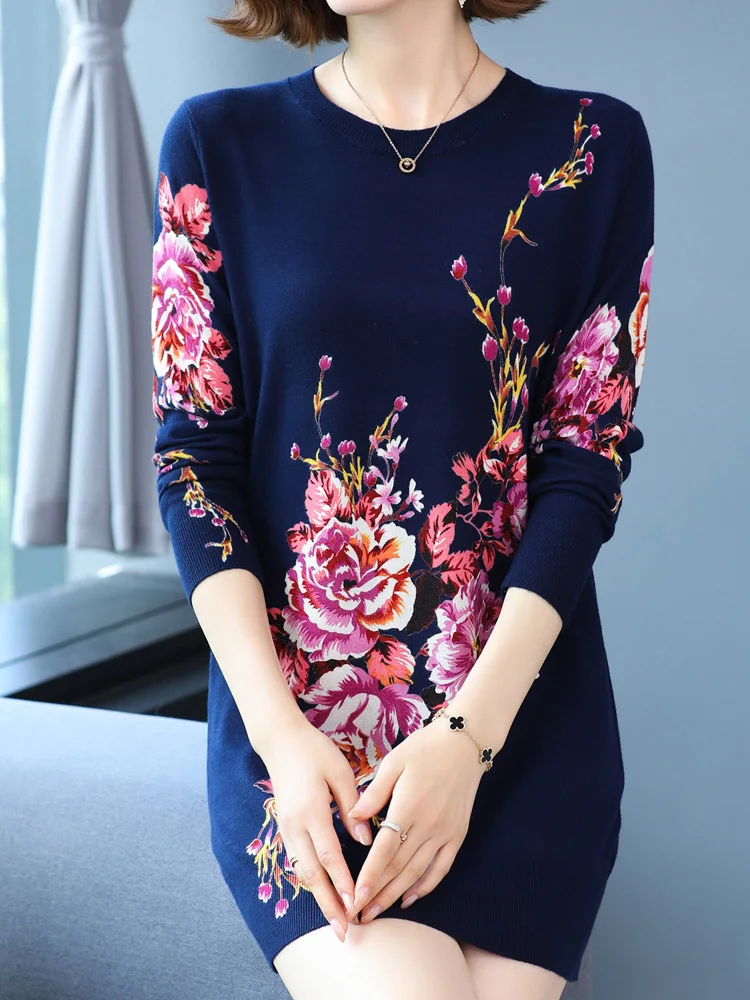 

Print Long Sweaters Dress Autumn Casual Women's Clothing Long Sleeve Top Pullover Pull Elasticity Sweater Women