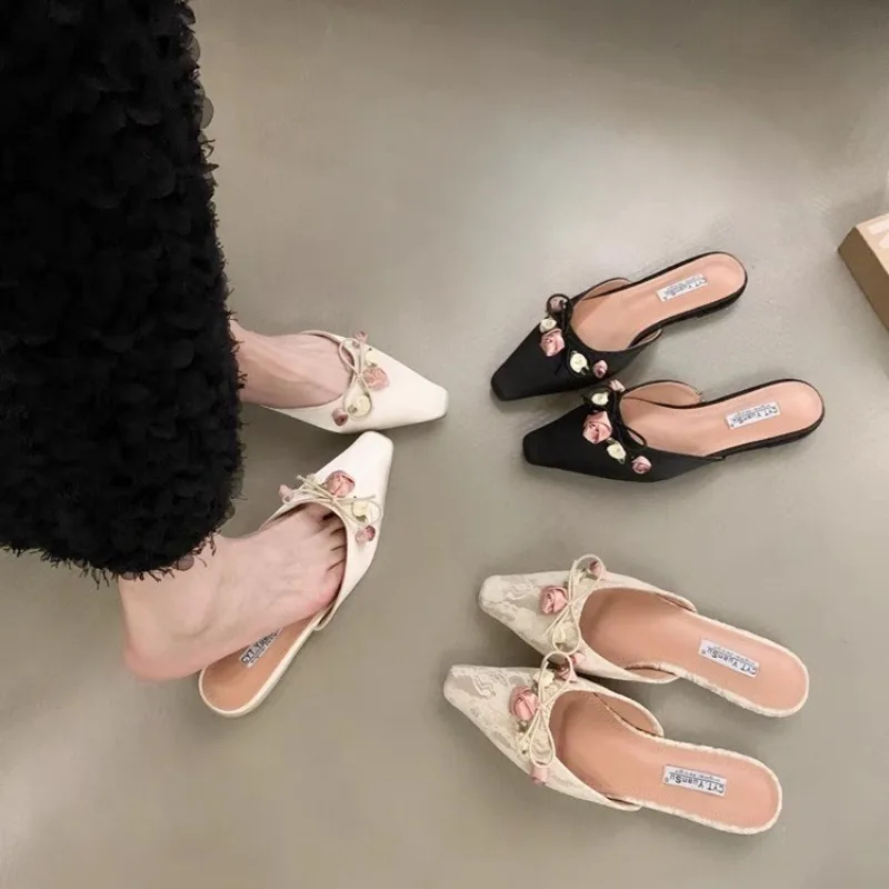 2025 Elegant  Women Cover Toe Slippers Sexy Satin Lace Pointed-toe Flats Gentle Rose Flower Bowknot Pumps Girl Thin Casual Shoes 2