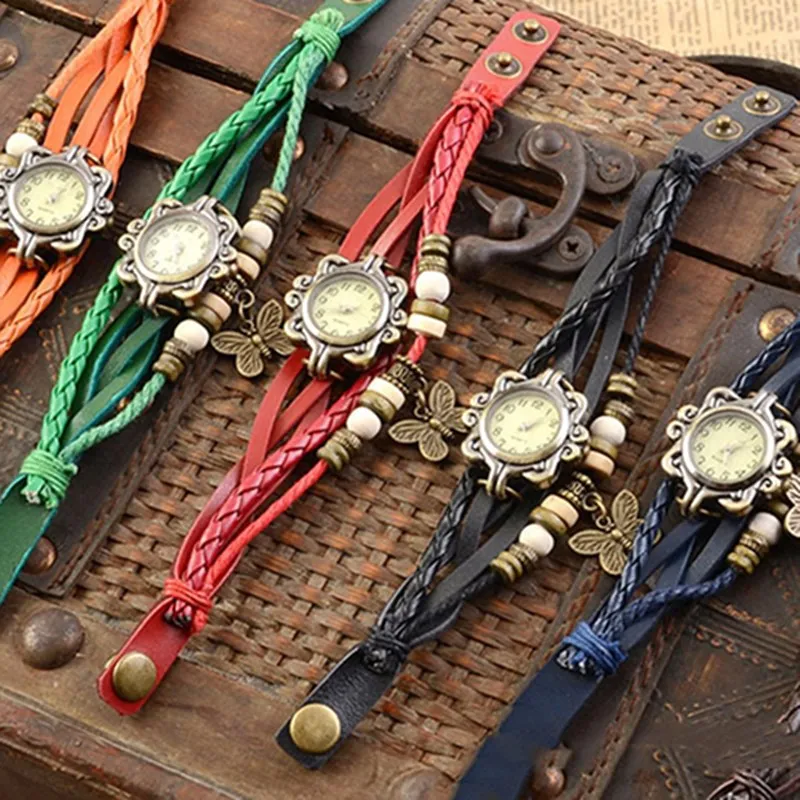 Women's Casual Vintage Multilayer Butterfly Faux Leather Bracelet Wrist Watch Ladies Female Clock Montre Femme Relogios 2021 Hot 2