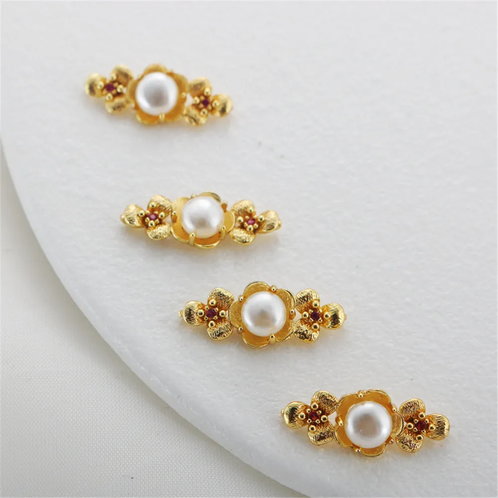 

14k gold color retaining inlaid zircon shell beads long strip double ring hollow rectangular link pendant diy accessories