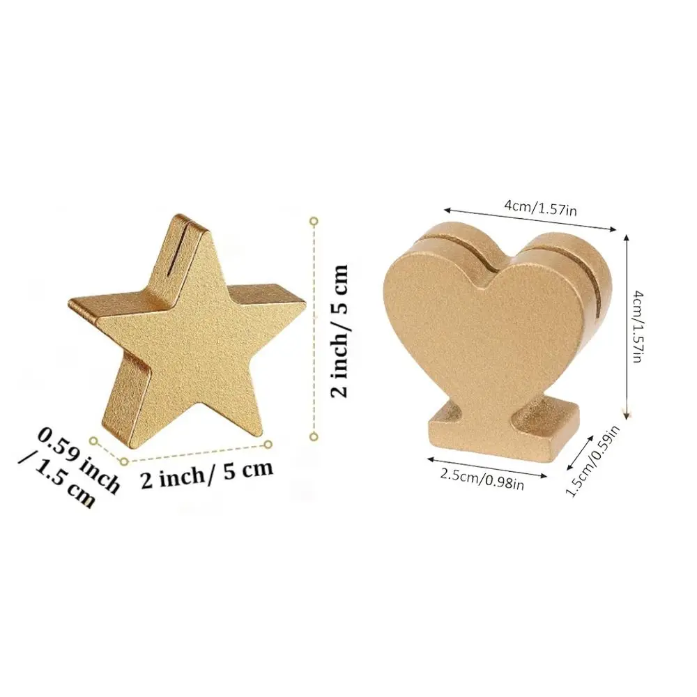 12PCS 스타 하트 모양의 테이블 번호 카드 스탠드 골드 나무 이름 카드 클립 부드러운 표면 데스크탑 메시지 홀더
