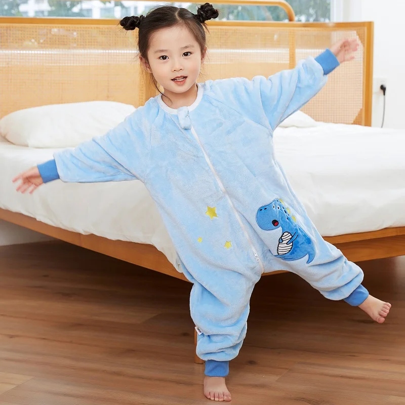 MICHLEY Blue Dinosaur Flannel Baby Kid Sleeping Bag Winter Sleepwear Cute Cartoon Bodysuit Sleepsack Pajamas With Feet Boys Girl 2