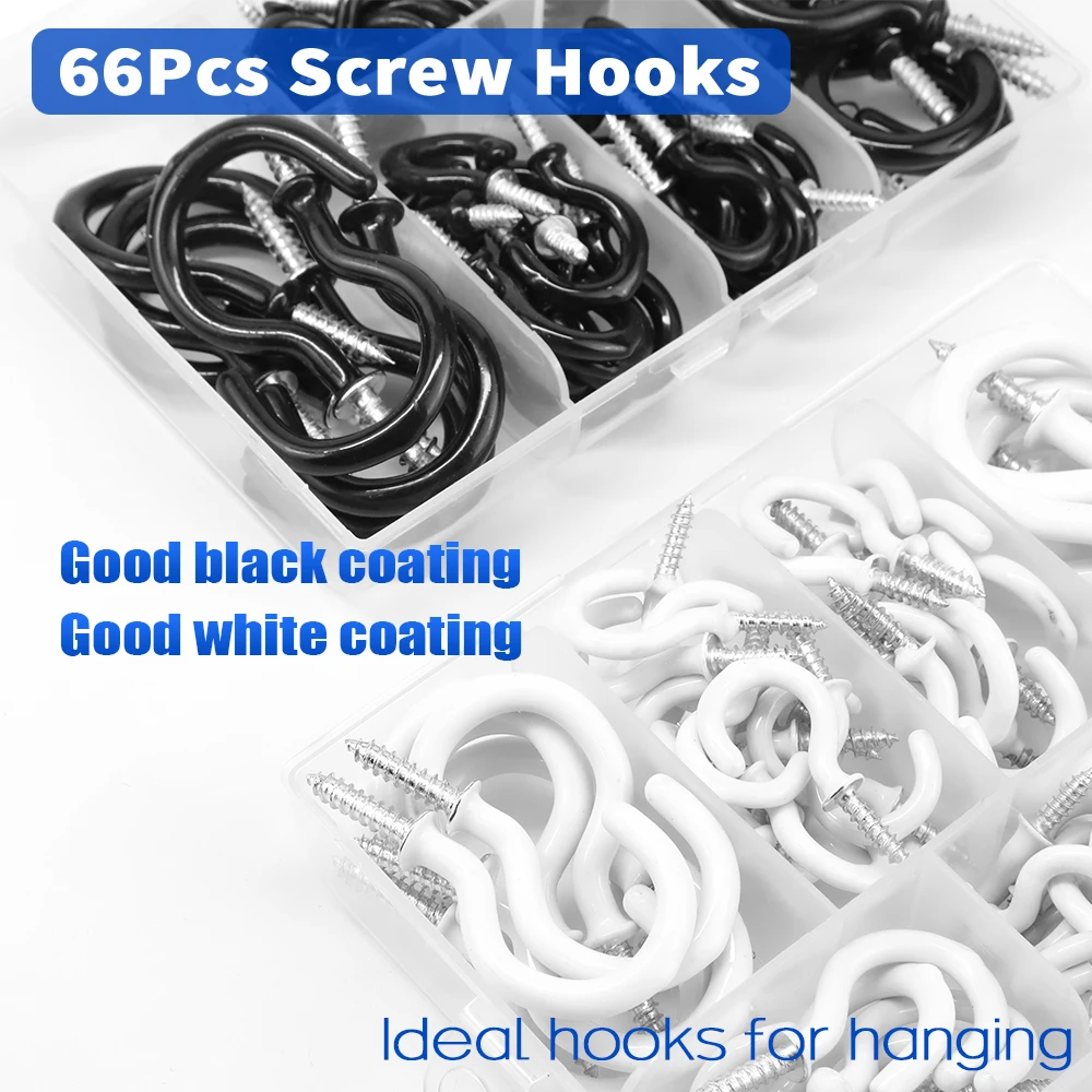 NINDEJIN 66pcs Screw hooks 3/4"-1-1/2" Black White Heavy Duty Screw in Hook Hanger Wood Wall Ceiling Hooks for Kitchen Shelf - Image 2