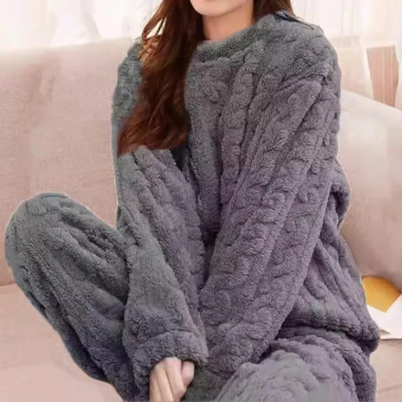 Women's Pajamas Set Winter Sleepwear O-neck Loose Long Sleeve Top Elastic Waist Leg Pant Sets Trousers Plus Size Matching Sets 4