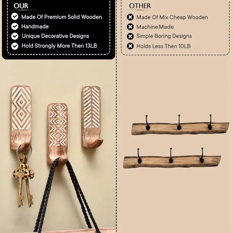 Non-Destructive Wood Wall Hooks - Adhesive Wall Hooks - Boho Decorative Wall Hooks 3