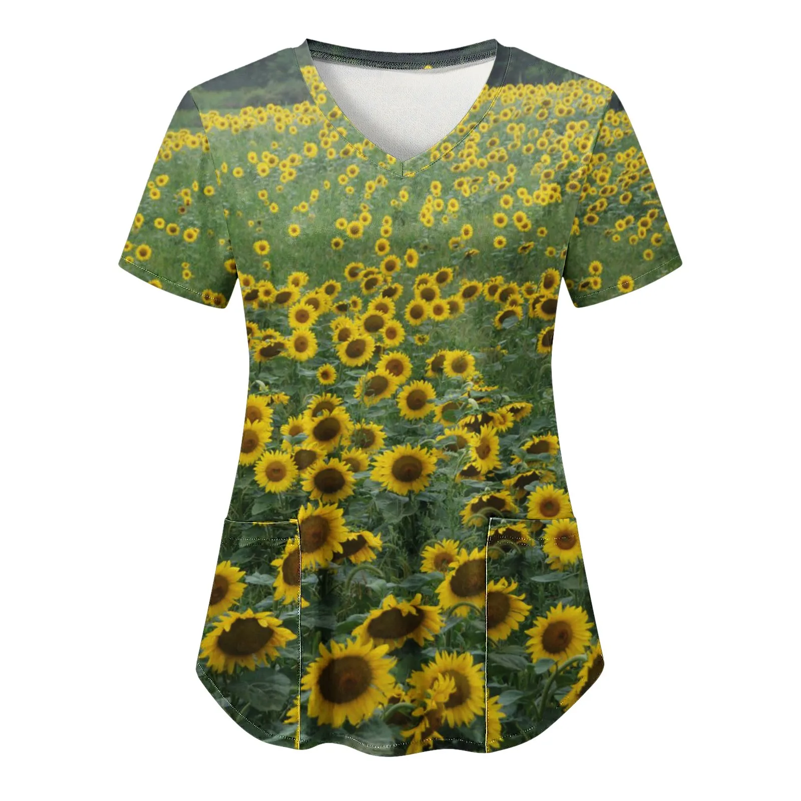

Laides Fashion Floral Printed Short Sleeve V Neck Nurse Uniforms Tops with Pocket Scrubs Costume Top Workwear Working T-shirts