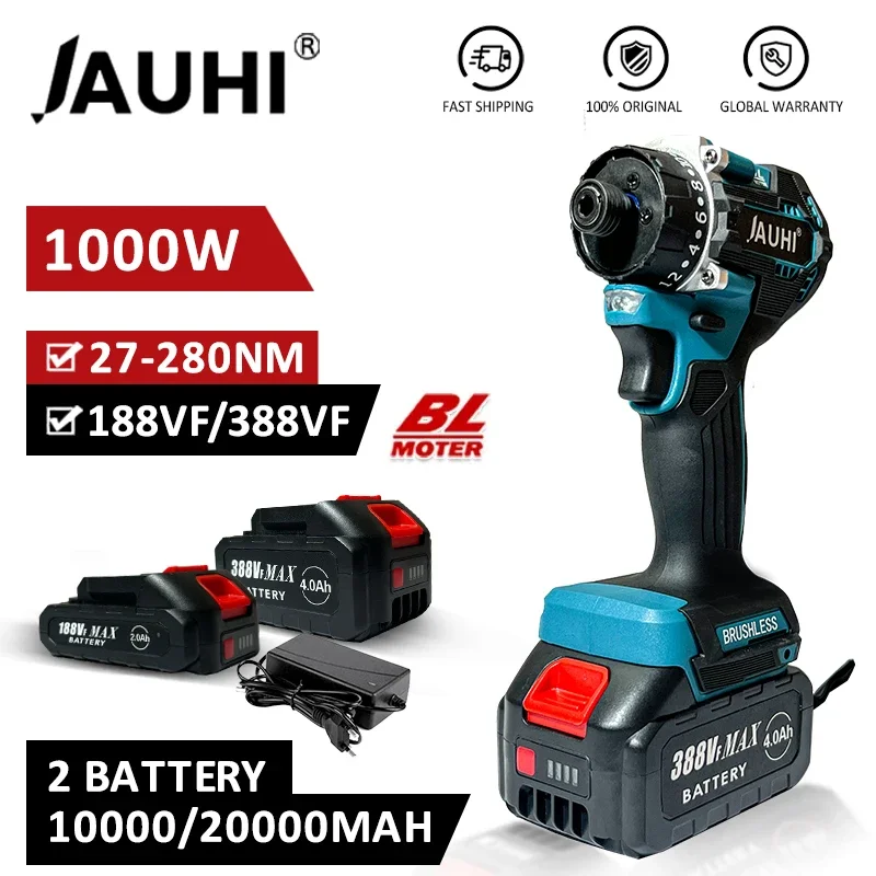 

JAUHI 20+1 Torque 280N.m Brushless Electric Screwdriver Rechargeable Cordless Electric Drill Screw Driver for Makita 18v Battery