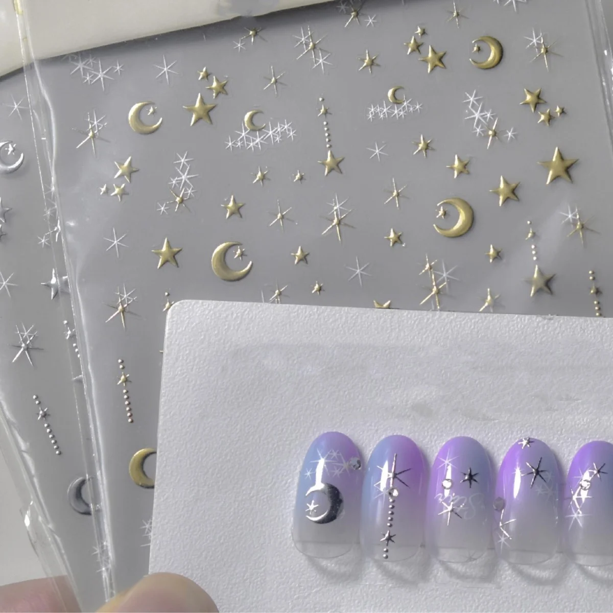 1pcs 5D Bronzing Star Moon Nail Art Stickers Luxury Gold Silver Adhesive Slider Press on Nail Decoration Decals Accessories DIY 2