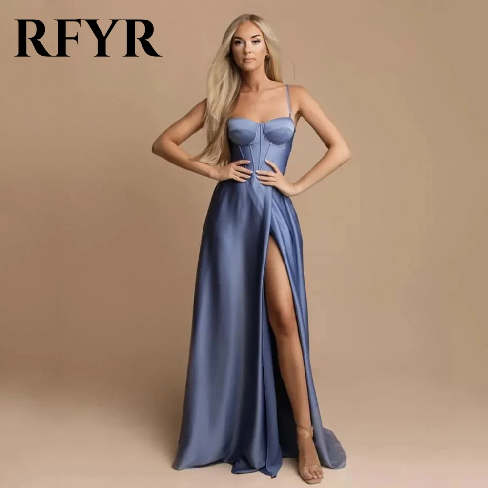 RFYR Dusty Blue Prom Dress Lace Up Satin Evening Dresses Beach Sweetheart Spaghetti Straps Party Dress Side Split فساتين السهرة